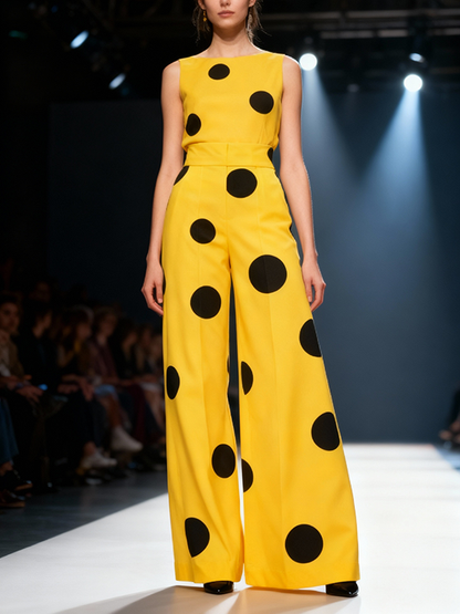 Elasticated Waist High Waisted Contrast Color Pockets Polka-Dot Split-Joint Pants