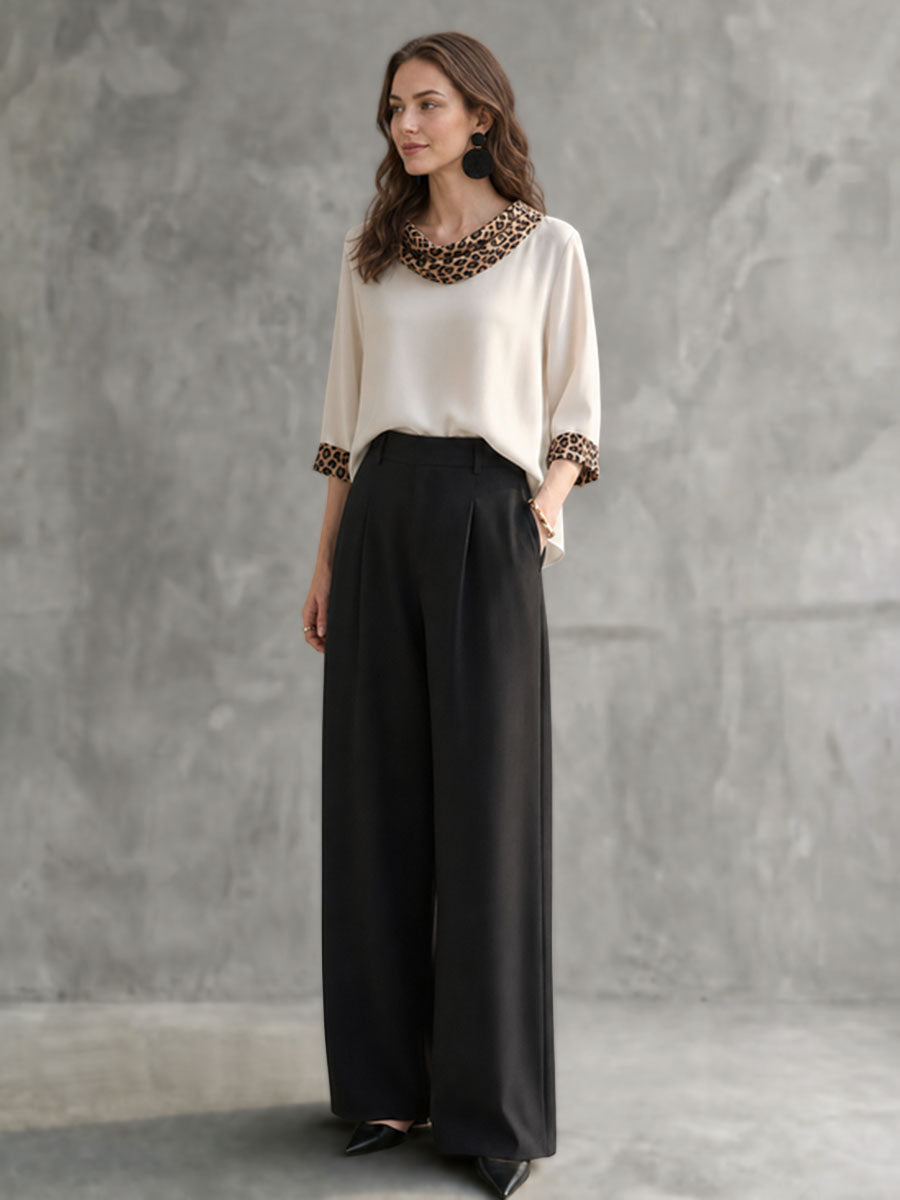 Split-Joint Leopard Contrast Color Three-quarter Sleeves Loose Heaps Collar Blouses&shirts Tops