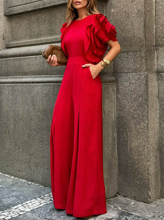 Loose Short Sleeves Falbala Solid Color Round-Neck Jumpsuits