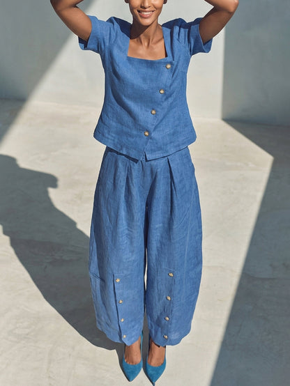 Loose Short Sleeves Buttoned Solid Color Square-Neck Blouses&Shirts Tops