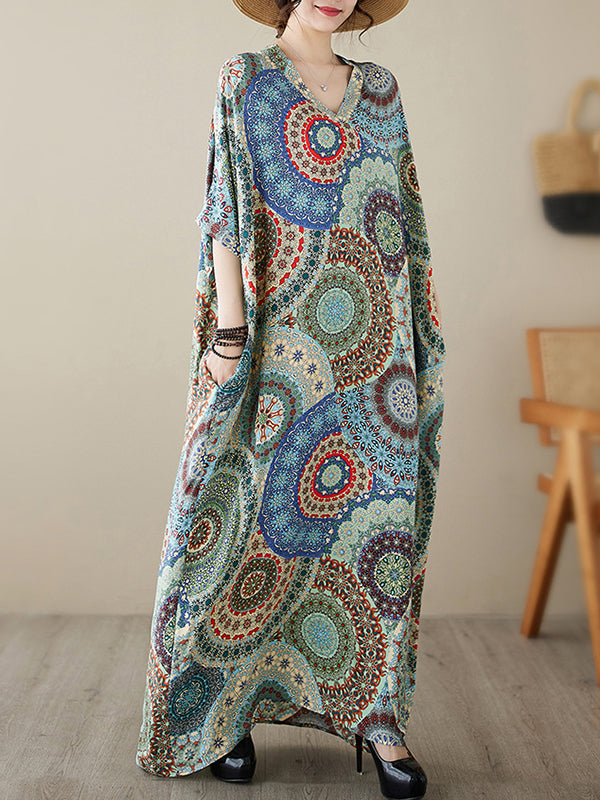 Loose Short Sleeves Ethnic Printed V-Neck Maxi Dresses