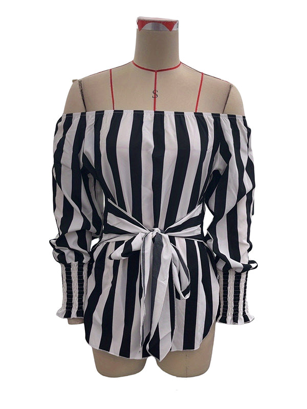 Long Sleeves Loose Contrast Color Elasticity Split-Joint Striped Tied Waist Off-The-Shoulder Blouses&Shirts Tops