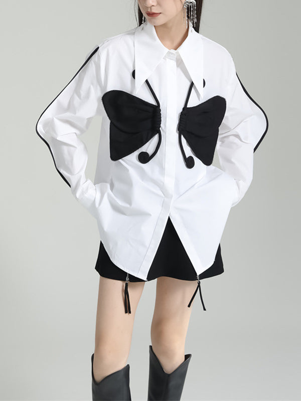 Long Sleeves Loose Butterfly Shape Buttoned Lapel Blouses&Shirts Tops
