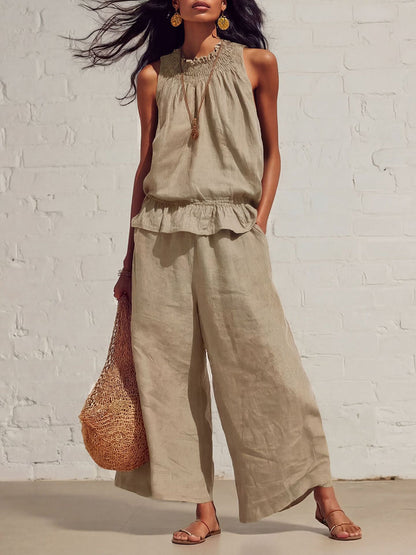 Loose Sleeveless Elasticity Pleated Pockets Solid Color Round-Neck Vest Top + Bottom Pants Two Pieces Set