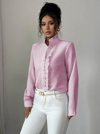 Long Sleeves Skinny Buttoned Ruffled Split-Joint Striped Stand Collar Blouses&Shirts Tops