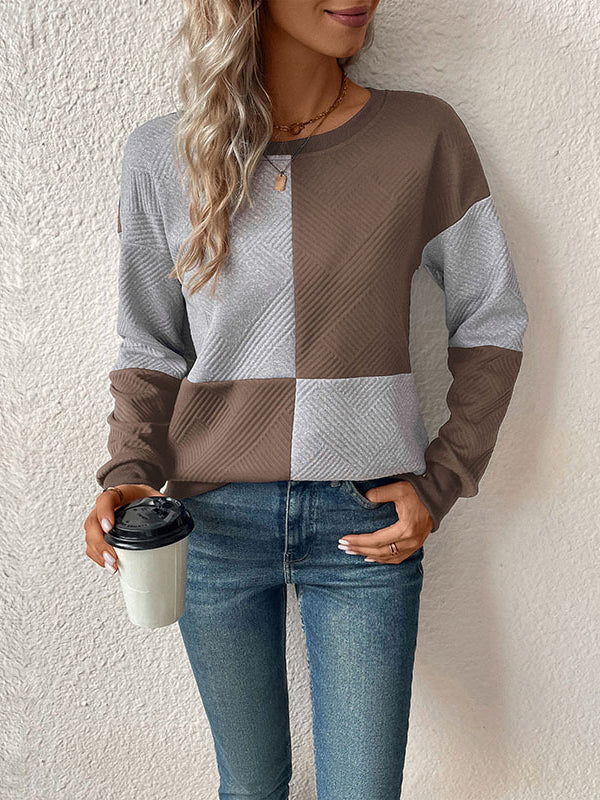 Long Sleeves Loose Contrast Color Split-Joint Round-Neck Sweatshirt Tops