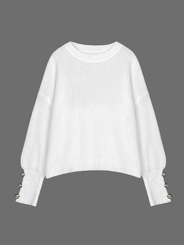 Long Sleeves Loose Buttoned Solid Color Split-Joint Round-Neck Pullovers Sweater Tops