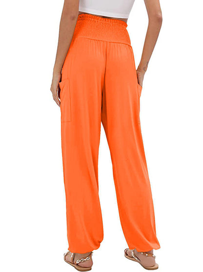 High Waisted Loose Elasticity Pleated Pockets Solid Color Split-Joint Pants Trousers