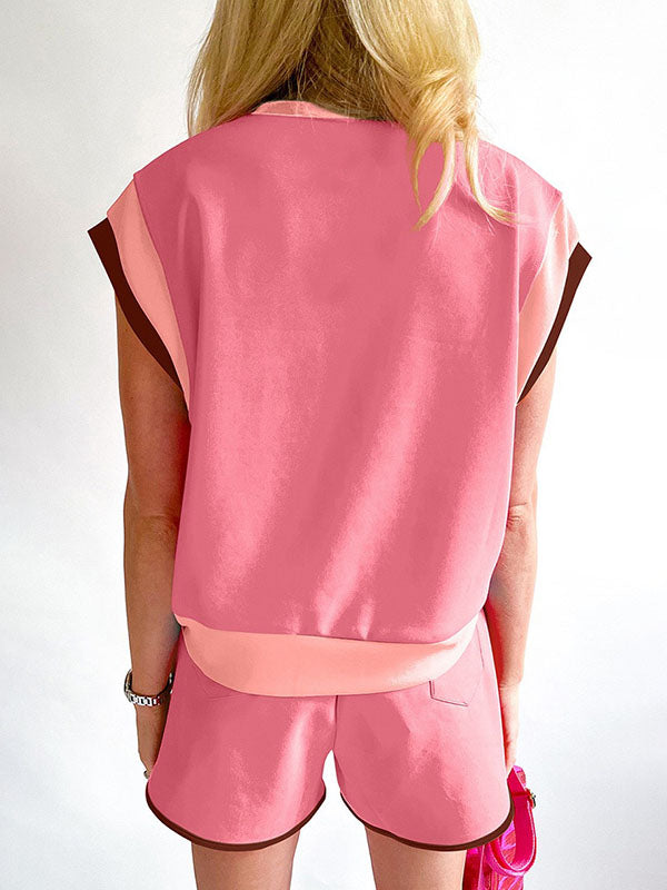 Contrast Color Short Sleeves Round-Neck T-Shirt + Elasticity Shorts Two Pieces Set