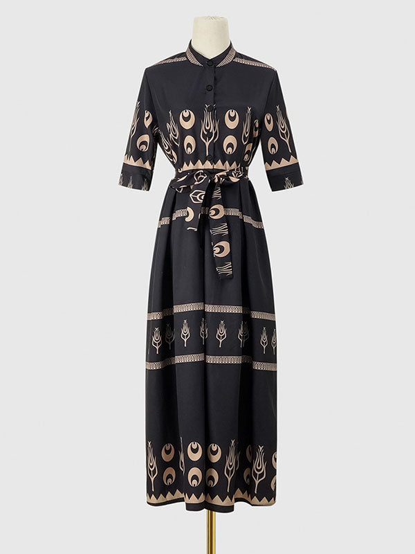 A-Line Half Sleeves Buttoned Tied Waist Lapel Midi Dresses