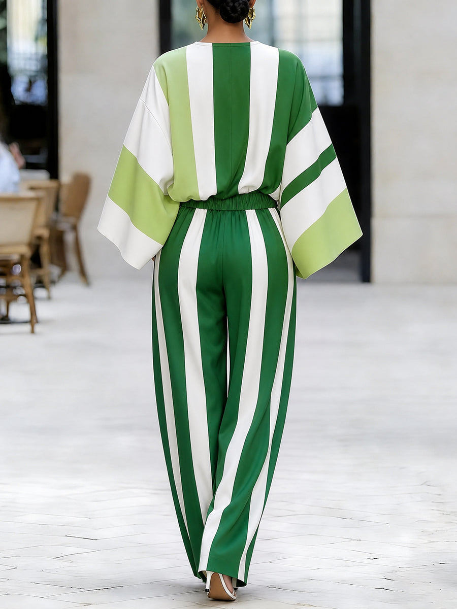 Striped Pockets Elasticity Contrast Color Wide Leg Loose Trousers Pants