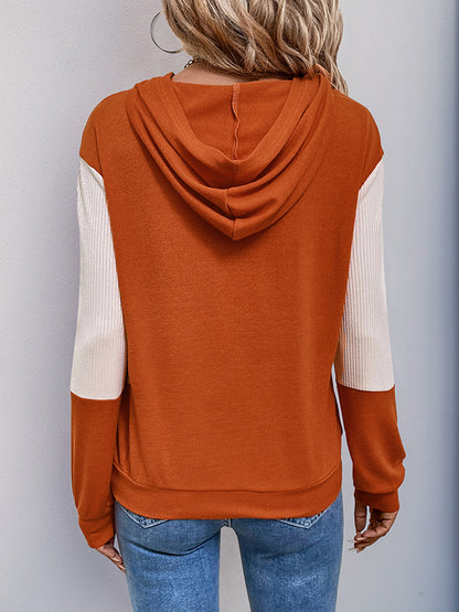 Hooded Long Sleeves Contrast Color Split-Joint Hoodies Tops