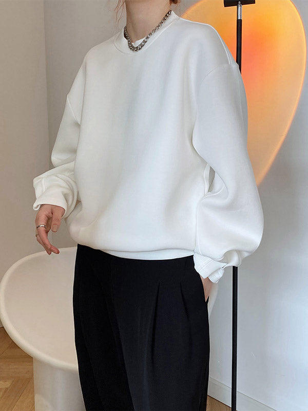 Long Sleeves Loose Solid Color Round-Neck Sweatshirt Tops