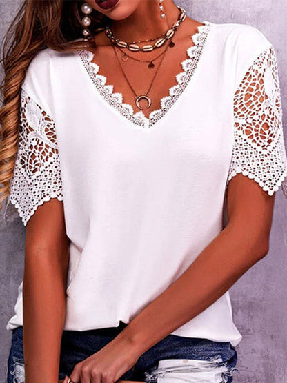 Loose Plus Size Hollow Solid Color Split-Joint V-Neck T-Shirts Tops