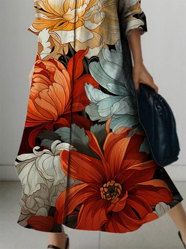 Long Sleeves Loose Flower Print Lapel Maxi Dresses Shirt Dress