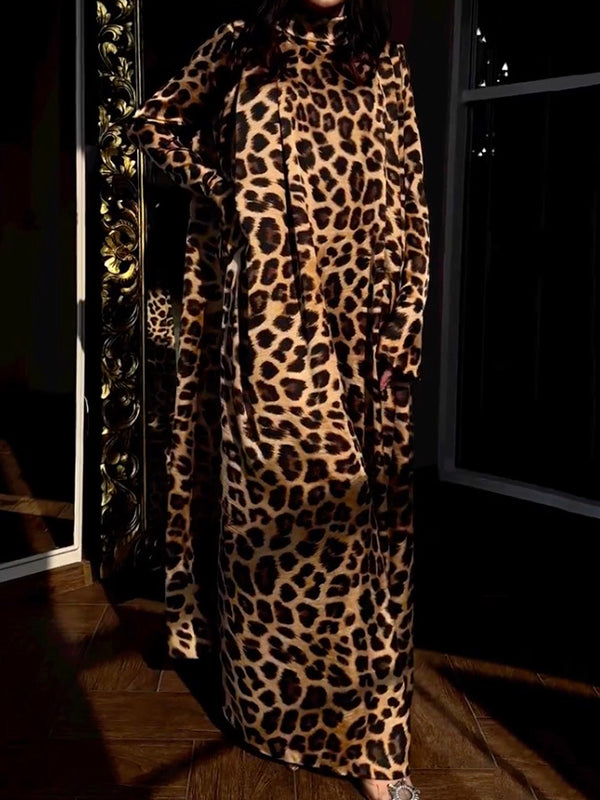 Flared Sleeves Long Sleeves Leopard High-Neck Maxi Dresses