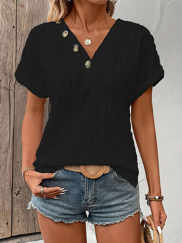 Loose Short Sleeves Buttoned Solid Color V-Neck T-Shirts Tops