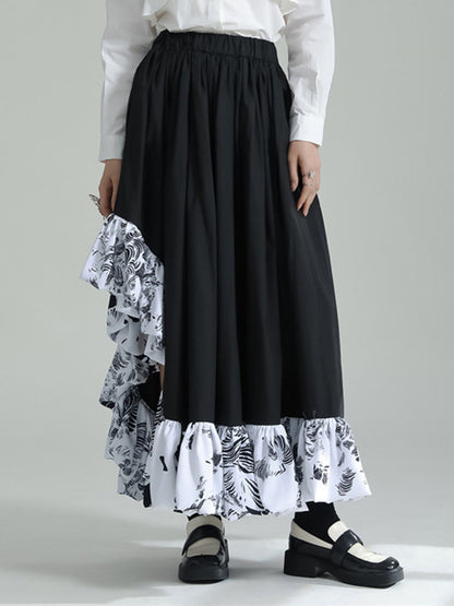 High Waisted Loose Asymmetric Elasticity Pleated Printed Ruffled Split-Joint Skirts Bottoms