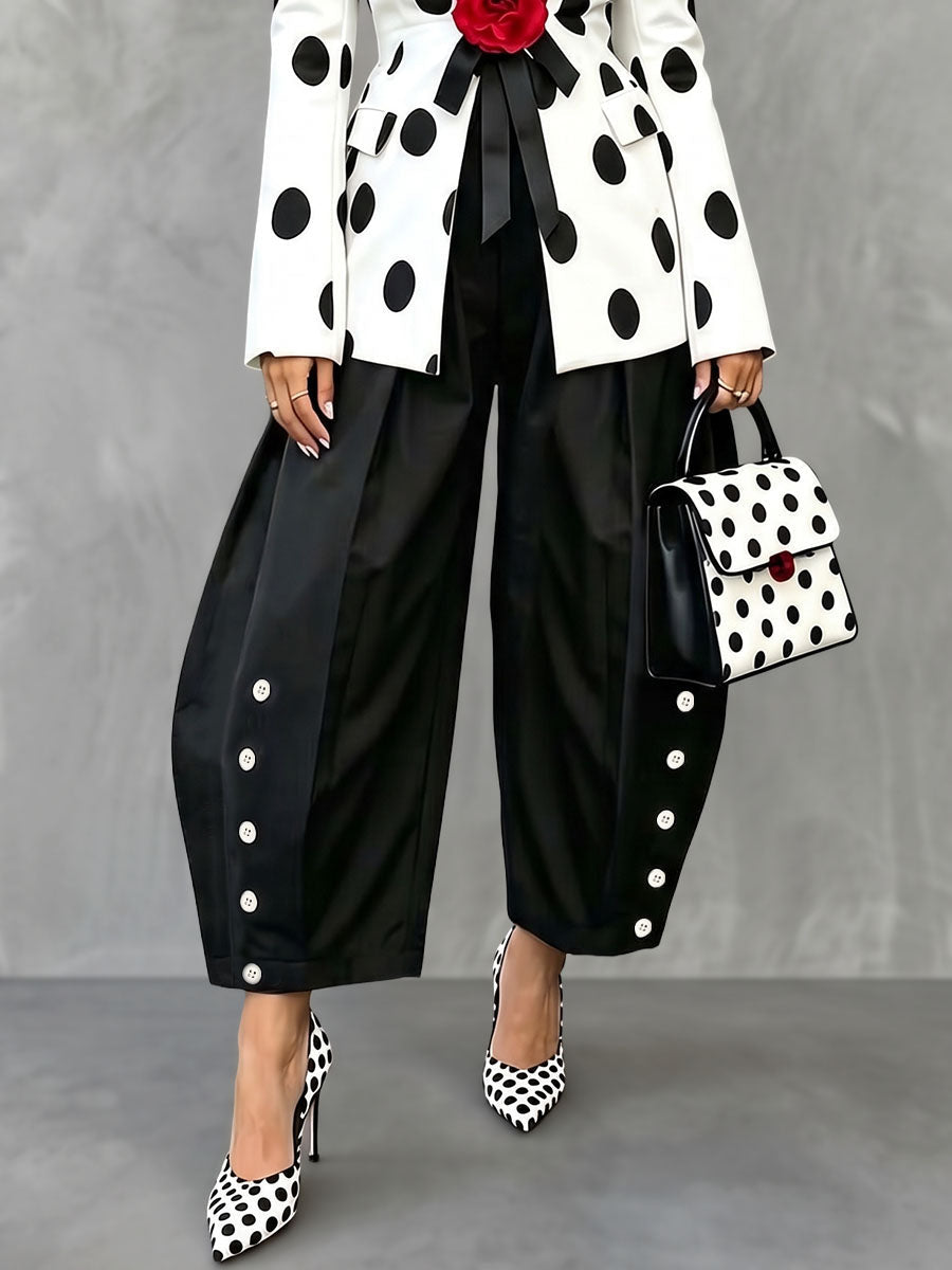 Pockets Pleated Contrast Color Buttoned Wide Leg High Waisted Trousers Pants