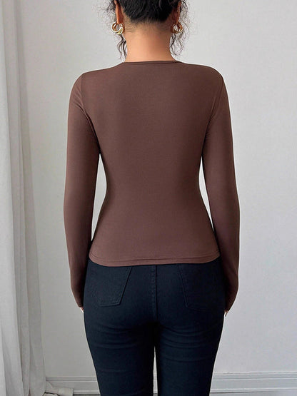 Long Sleeves Skinny Solid Color Split-Joint Asymmetric Collar T-Shirts