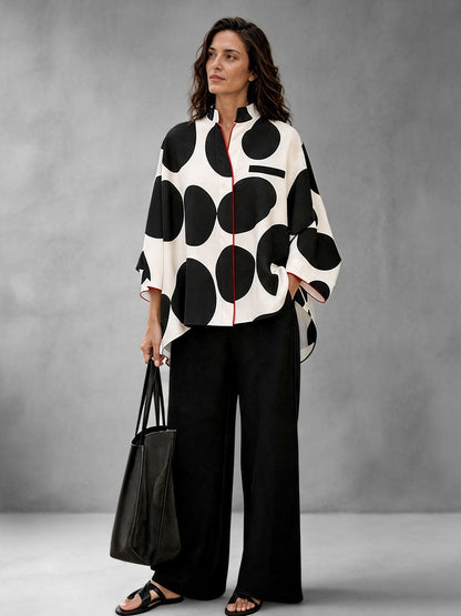 Polka-Dot Contrast Color Three-quarter Sleeves Loose Stand Collar Blouses&shirts Tops