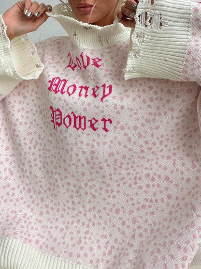 Long Sleeves Loose Hollow Knitted Letters Round-Neck Knitwear Pullovers Sweater Tops