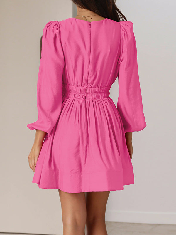 High Waisted Long Sleeves Elasticity Pleated Solid Color Deep V-Neck Mini Dresses