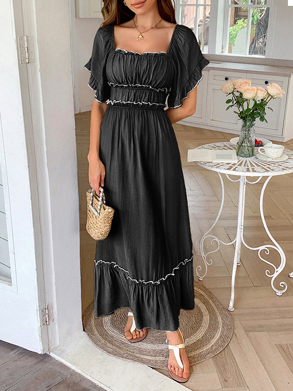 A-Line High Waisted Pleated Ruffle Trim Split-Joint Zipper Square-Neck Midi Dresses