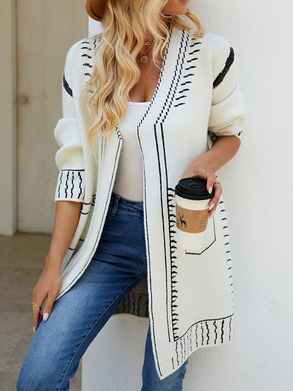 Long Sleeves Loose Jacquard Split-Joint V-Neck Cardigan Tops