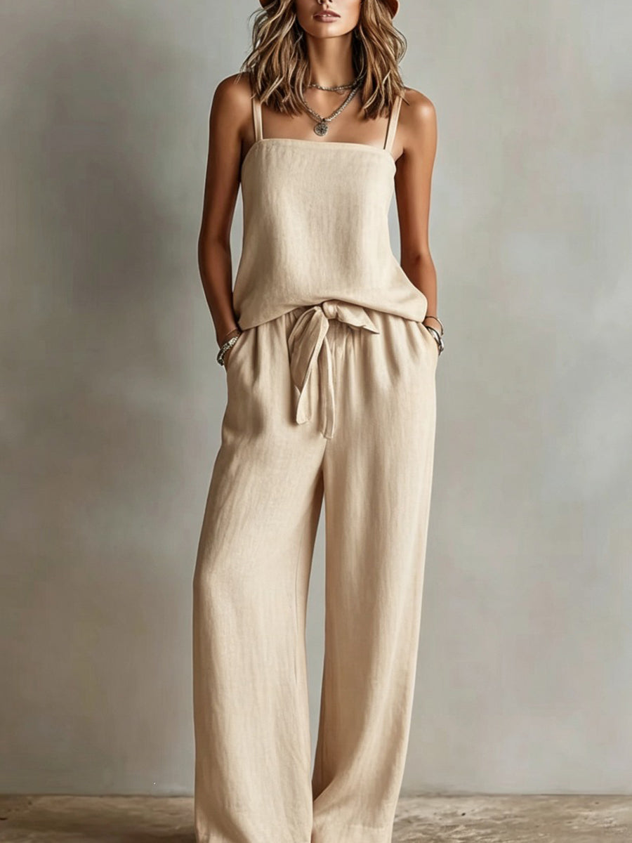 Loose Plus Size Pockets Solid Color Tied Spaghetti-Neck Vest Top + Pants Bottom Two Pieces Set