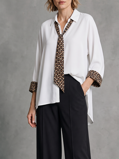 Tied Split-Joint Leopard Contrast Color Three-quarter Sleeves Loose Lapel Blouses&shirts Tops