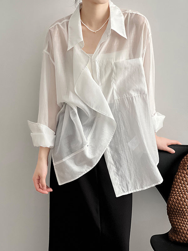 Irregular Clipping Long Sleeves Solid Color Lapel Blouses&Shirts Tops