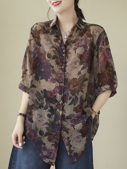 Long Sleeves Loose Buttoned Flower Print Tied Lapel Blouses&Shirts Tops