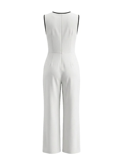 Loose Sleeveless Contrast Color Pockets Zipper V-Neck Jumpsuits
