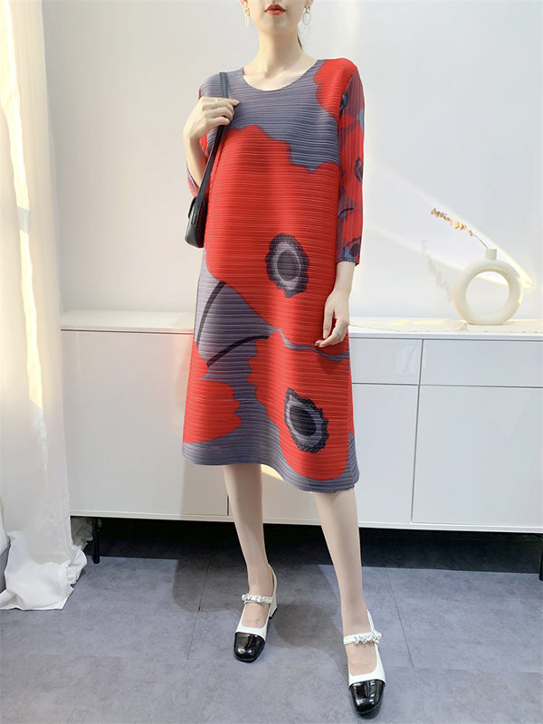 Original Three-Quarter Sleeves Loose Floral Printed Contrast Color Pleated Round-Neck Midi Dresses