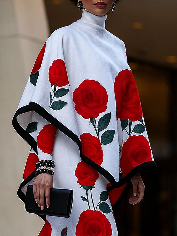 Long Sleeves Loose Flower Print High Neck 1 Piece Cape