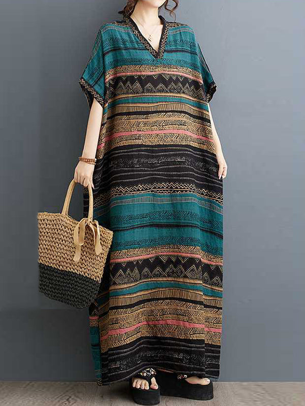 A-Line Batwing Sleeves Split-Joint Striped V-Neck Maxi Dresses