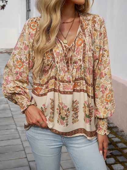 Long Sleeves Loose Contrast Color Drawstring Flower Print Pleated Split-Joint V-Neck Blouses&Shirts Tops