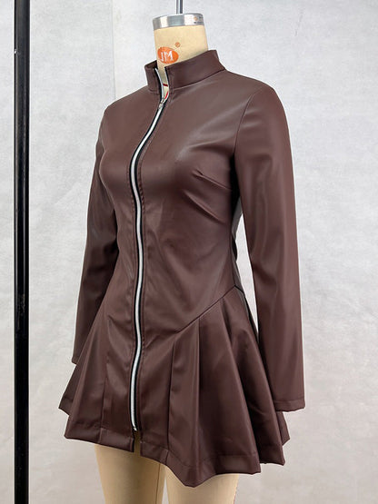 Long Sleeves Skinny Pleated Split-Joint Zipper Stand Collar Mini Dresses