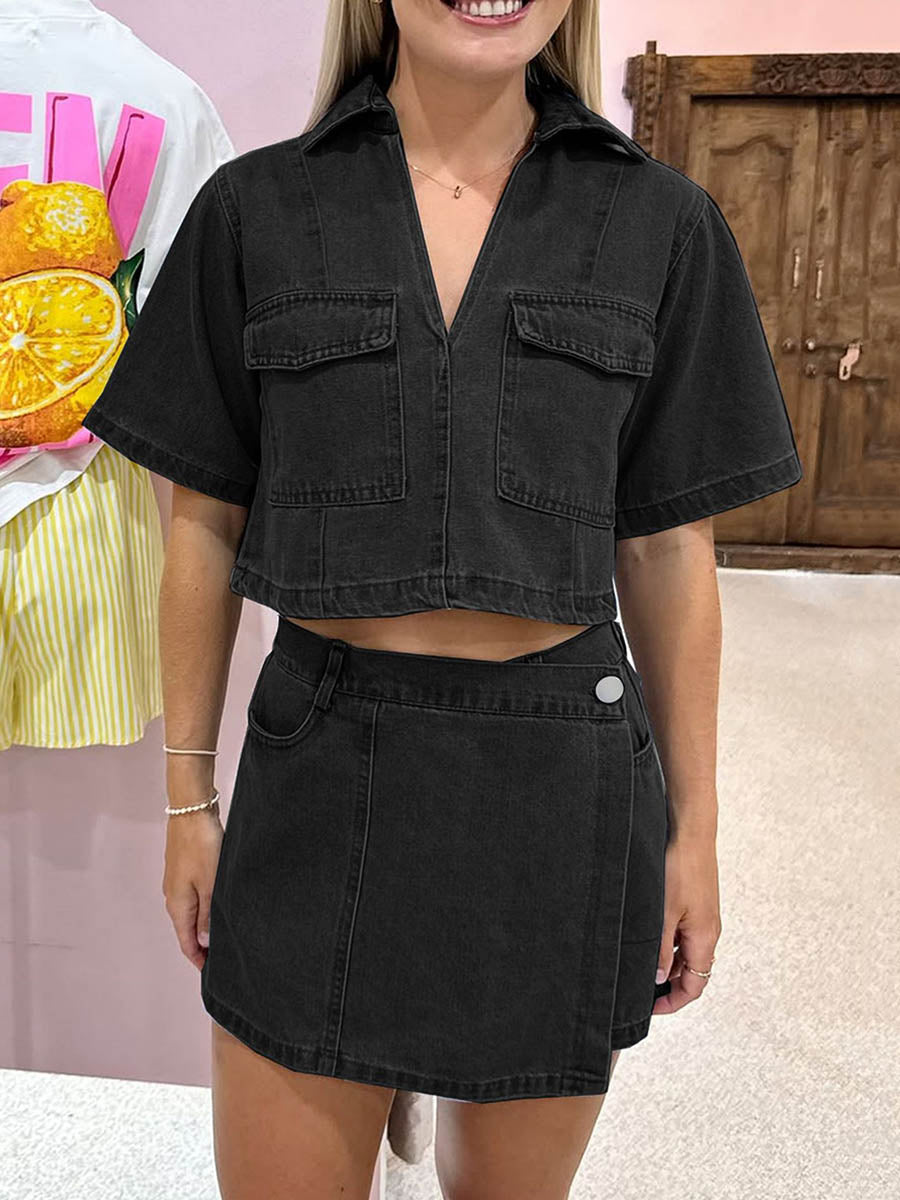 Lapel Short Sleeves Cropped Blouses&Shirts Tops + Buttoned Pockets Asymmetric Denim Shorts Two Pieces Set