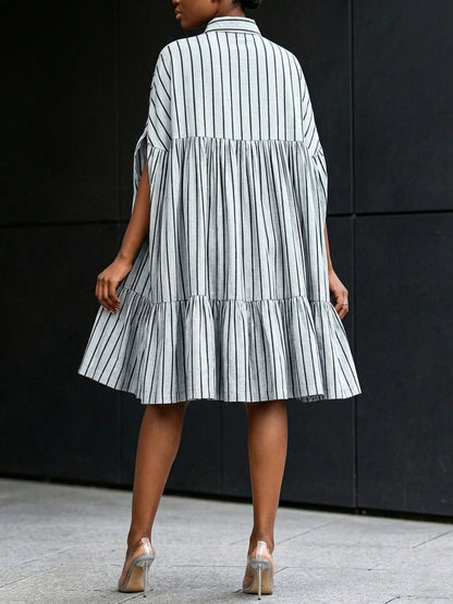 A-Line Batwing Sleeves Buttoned Contrast Color Pleated Ruffle Trim Split-Joint Striped Lapel Midi Dresses