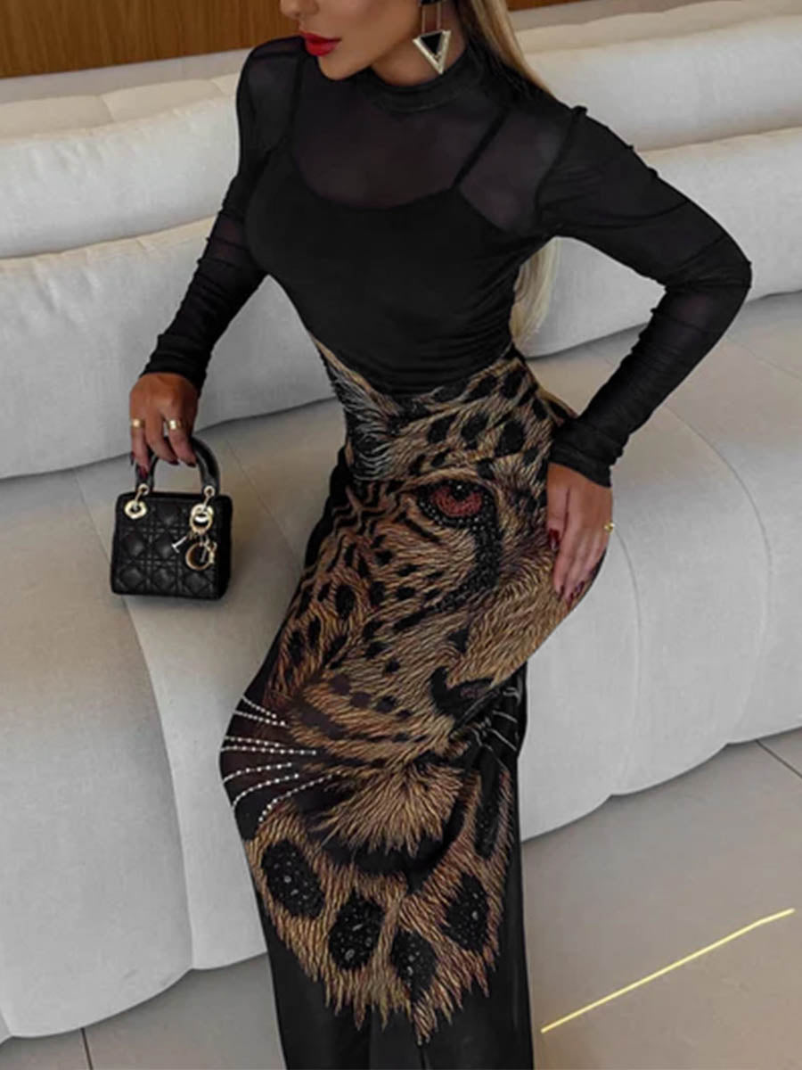 High Waisted Long Sleeves Animal Prints See-Through Mock Neck Maxi Dresses