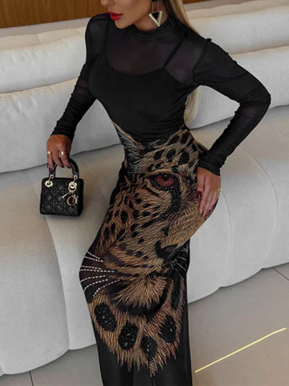 High Waisted Long Sleeves Animal Prints See-Through Mock Neck Maxi Dresses