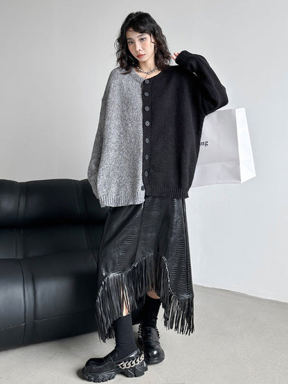 A-Line Irregularity Asymmetric Buttoned Crocodile Texture Solid Color Tasseled Skirts Bottoms