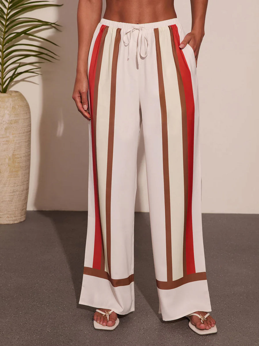 High Waisted Wide Leg Contrast Color Drawstring Elasticity Pockets Pants Trousers