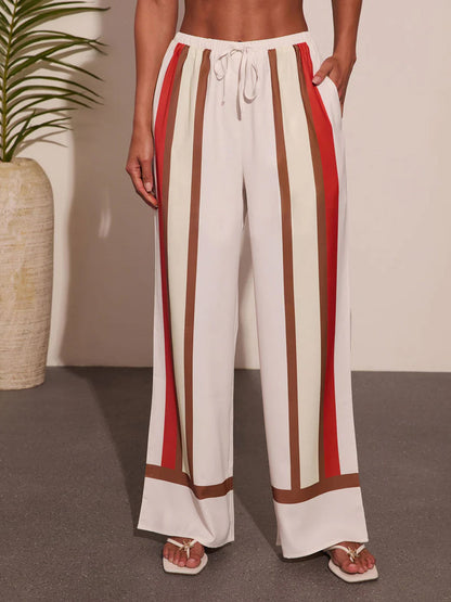 High Waisted Wide Leg Contrast Color Drawstring Elasticity Pockets Pants Trousers