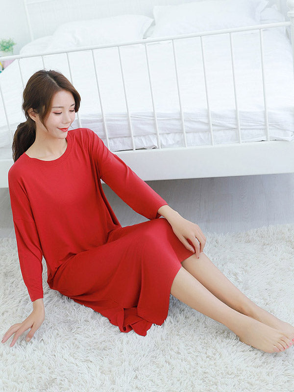 Modal Long Sleeve Split-Side Loose Pajamas Dress