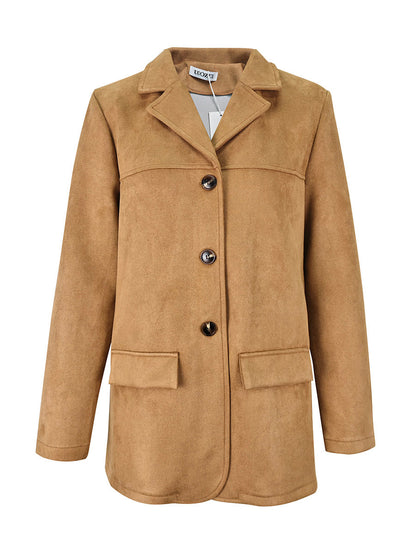 Long Sleeves Loose Buttoned Solid Color Split-Joint Notched Collar Blazer Outerwear
