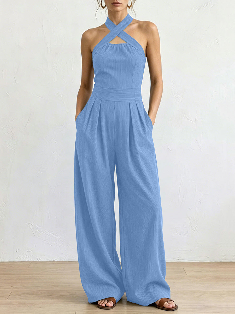 High Waisted Plus Size Pleated Pockets Solid Color Halter-Neck Jumpsuits