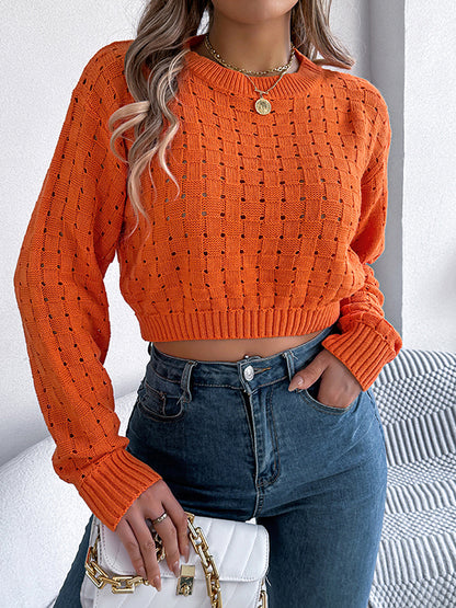 Long Sleeves Loose Backless Buttoned Hollow Solid Color Split-Joint Round-Neck Pullovers Sweater Tops